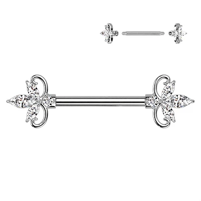 316L Surgical Steel Triple Petal White CZ Flower Nipple Ring Straight Barbell