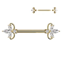 316L Surgical Steel Gold PVD Triple Petal White CZ Flower Nipple Ring Straight Barbell