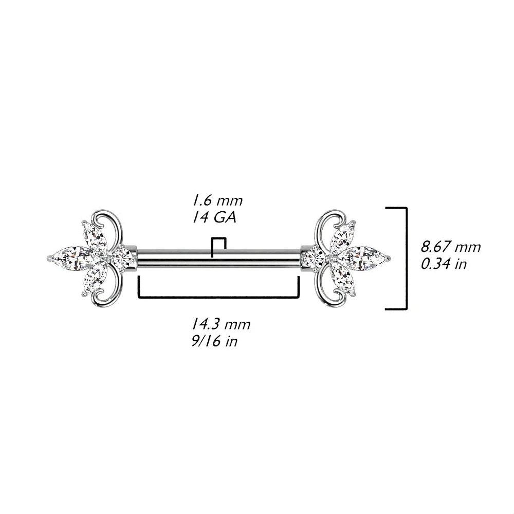 316L Surgical Steel Triple Petal White CZ Flower Nipple Ring Straight Barbell