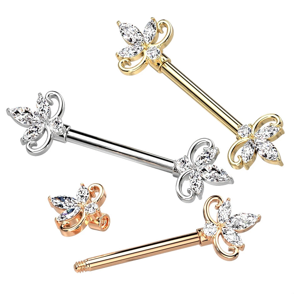 316L Surgical Steel Gold PVD Triple Petal White CZ Flower Nipple Ring Straight Barbell
