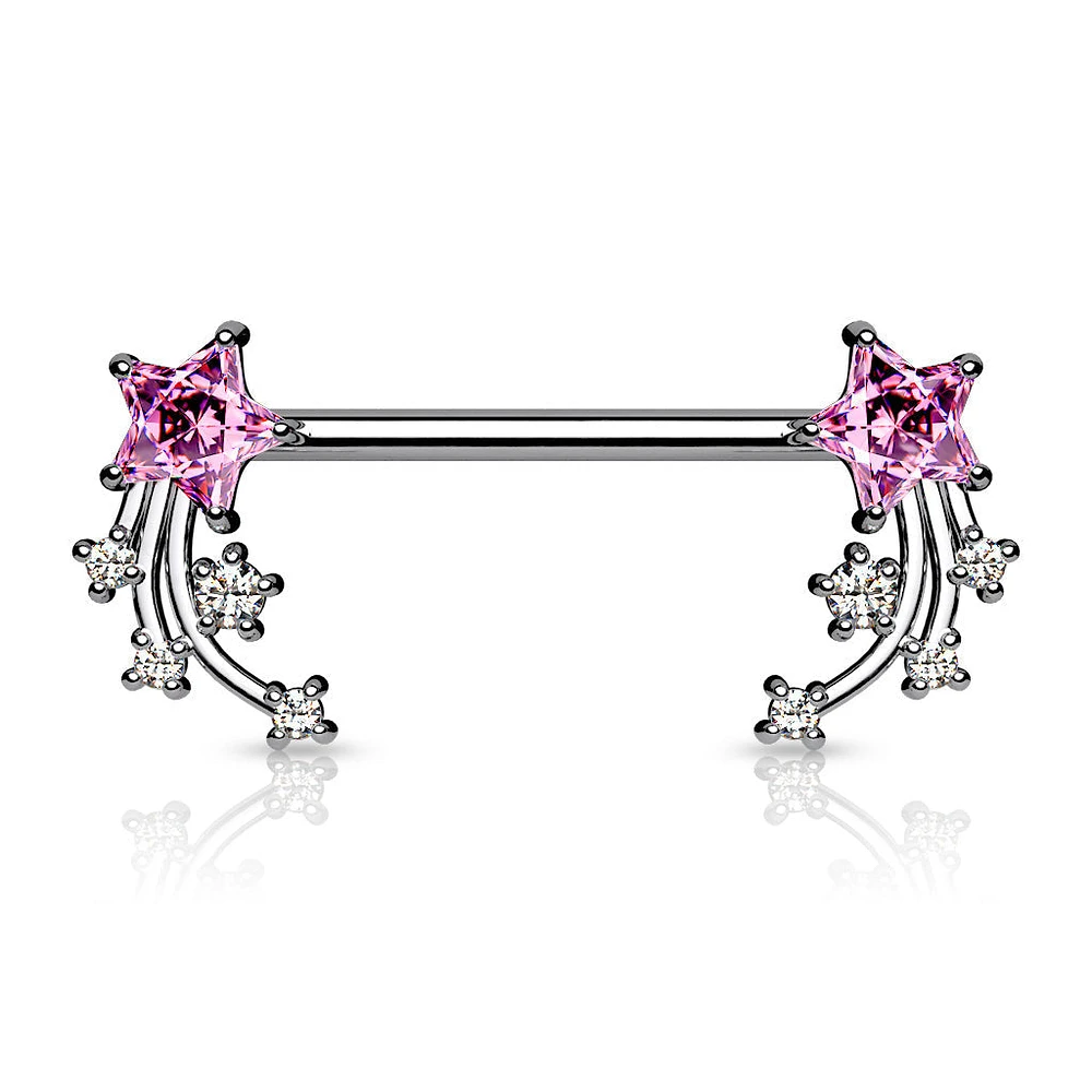 316L Surgical Steel Pink & White CZ Shooting Star Nipple Ring Straight Barbell