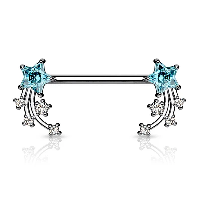 316L Surgical Steel Aqua & White CZ Shooting Star Nipple Ring Straight Barbell