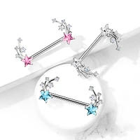 316L Surgical Steel Pink & White CZ Shooting Star Nipple Ring Straight Barbell