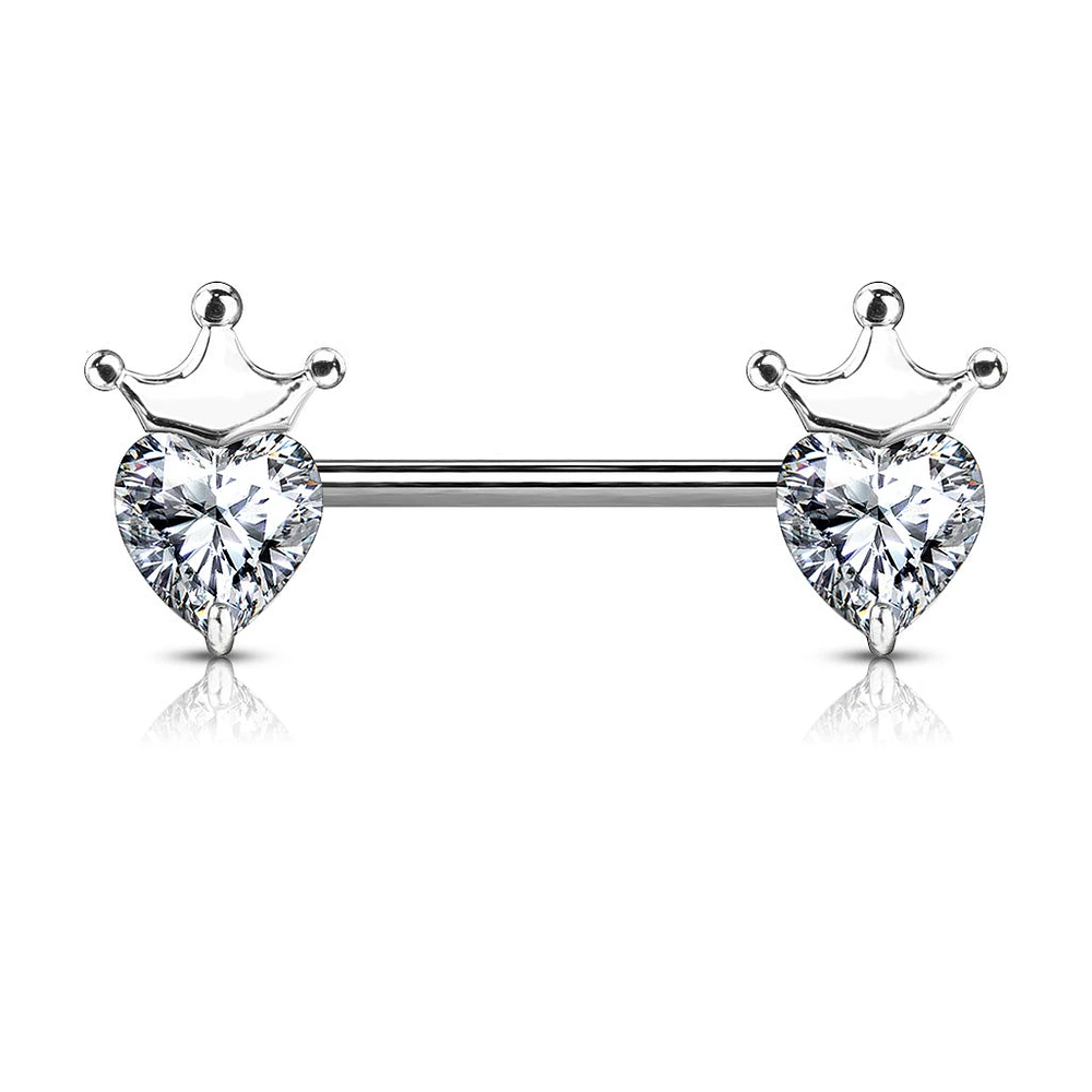 316L Surgical Steel White CZ Heart With Crown Nipple Ring Straight Barbell