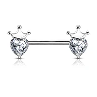 316L Surgical Steel White CZ Heart With Crown Nipple Ring Straight Barbell