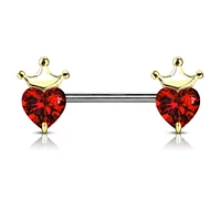 316L Surgical Steel Gold PVD Red CZ Heart With Crown Nipple Ring Straight Barbell