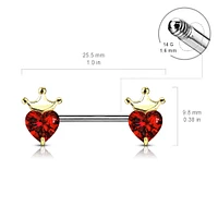 316L Surgical Steel Rose Gold PVD Pink CZ Heart With Crown Nipple Ring Straight Barbell