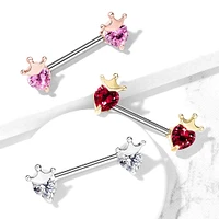 316L Surgical Steel Rose Gold PVD Pink CZ Heart With Crown Nipple Ring Straight Barbell