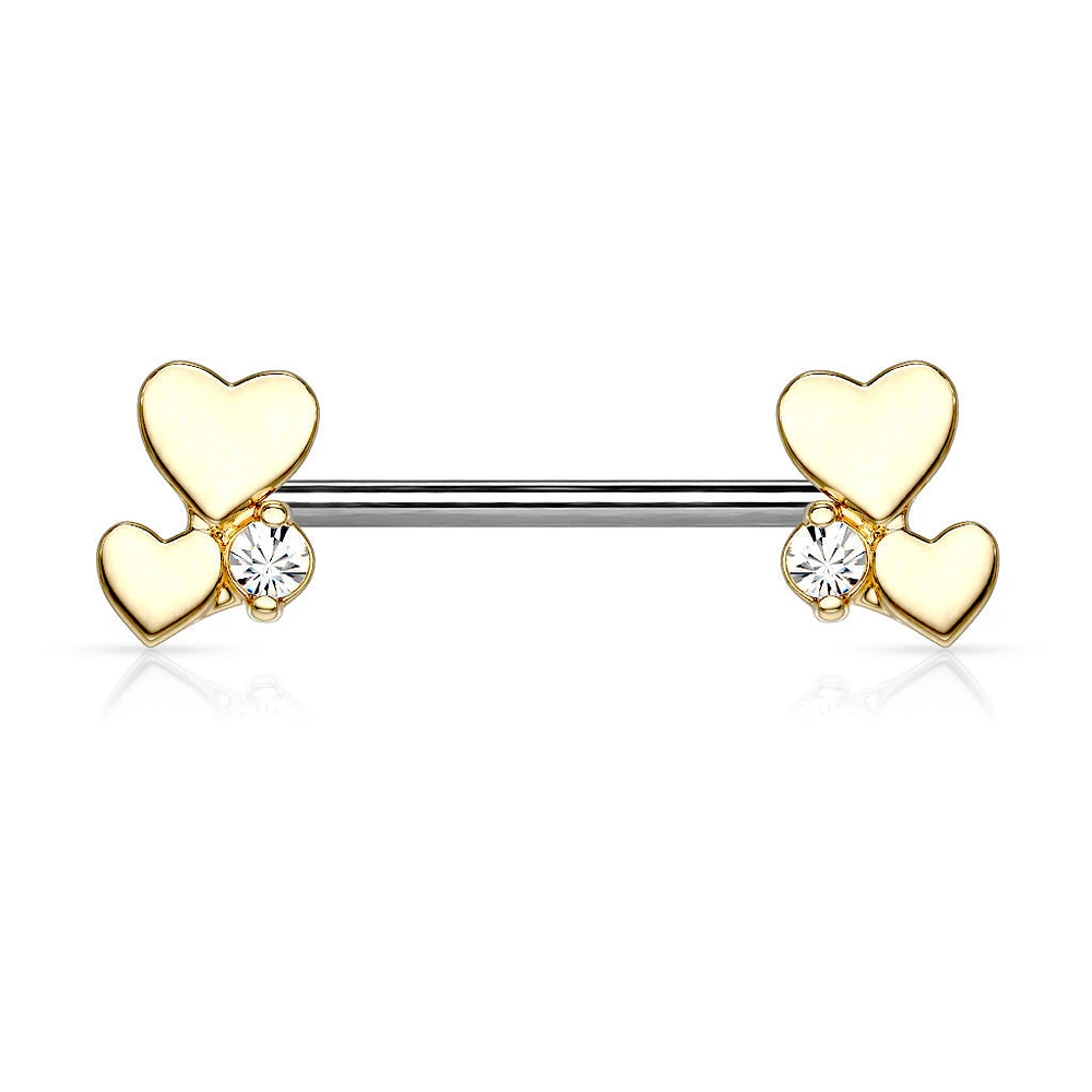 316L Surgical Steel Gold PVD White CZ With Hearts Nipple Ring Straight Barbell