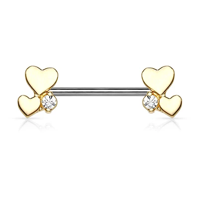 316L Surgical Steel Gold PVD White CZ With Hearts Nipple Ring Straight Barbell