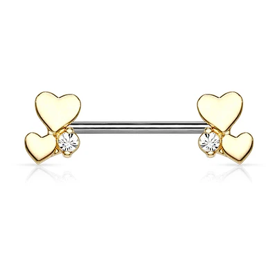 316L Surgical Steel Gold PVD White CZ With Hearts Nipple Ring Straight Barbell