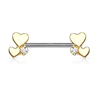 316L Surgical Steel Gold PVD White CZ With Hearts Nipple Ring Straight Barbell