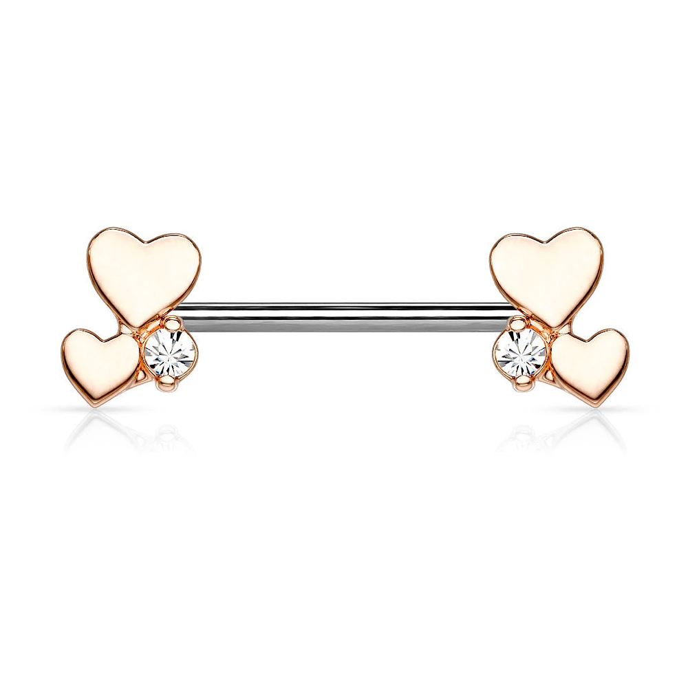 316L Surgical Steel Rose Gold PVD White CZ With Hearts Nipple Ring Straight Barbell