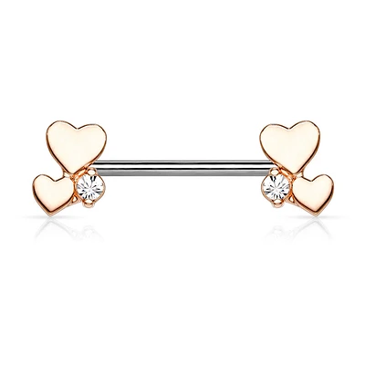 316L Surgical Steel Rose Gold PVD White CZ With Hearts Nipple Ring Straight Barbell