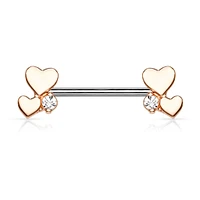 316L Surgical Steel Rose Gold PVD White CZ With Hearts Nipple Ring Straight Barbell