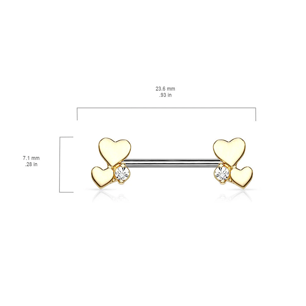 316L Surgical Steel Gold PVD White CZ With Hearts Nipple Ring Straight Barbell