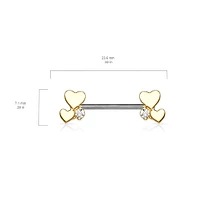 316L Surgical Steel Gold PVD White CZ With Hearts Nipple Ring Straight Barbell