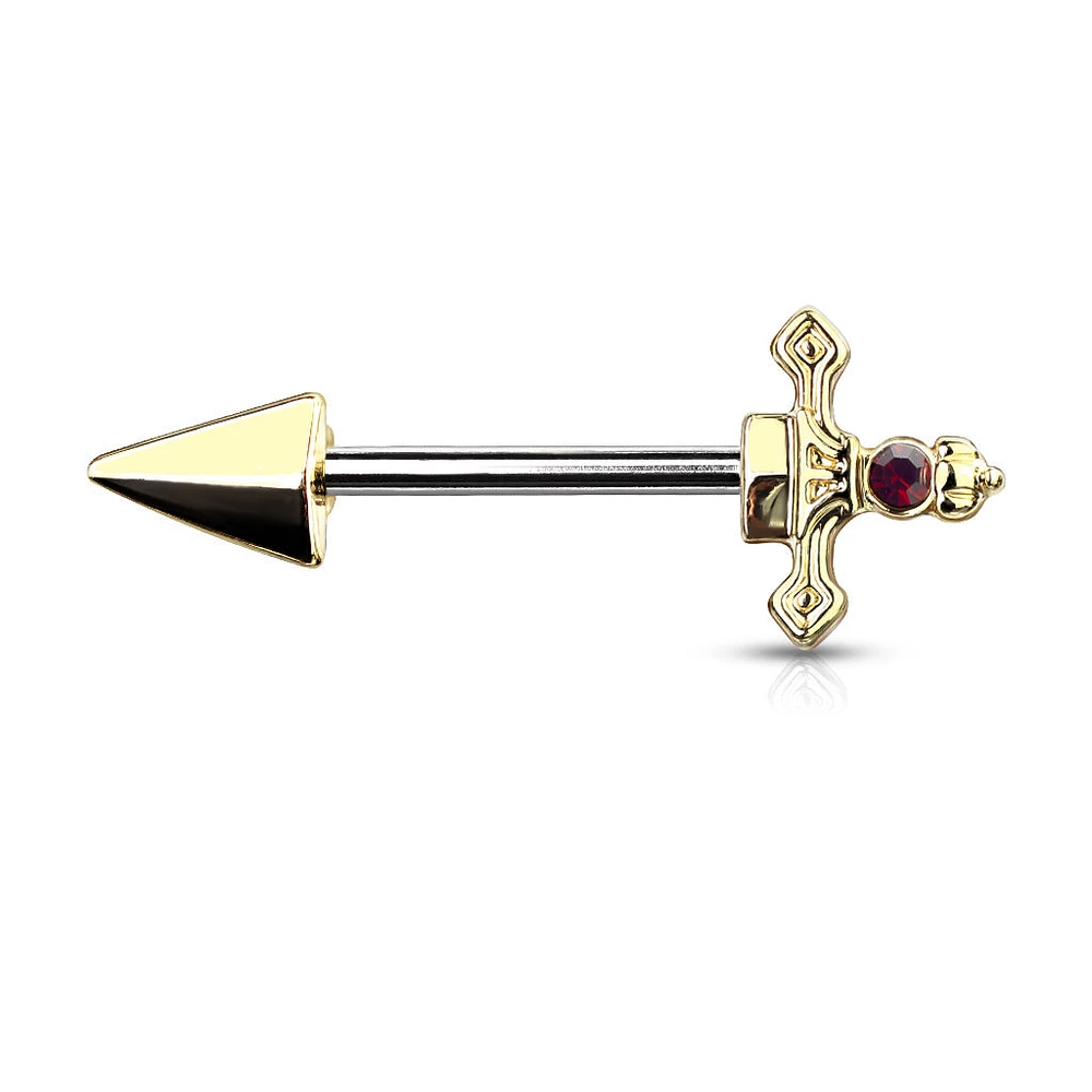 316L Surgical Steel Gold PVD Dark Red CZ Sword Dagger Nipple Ring Straight Barbell