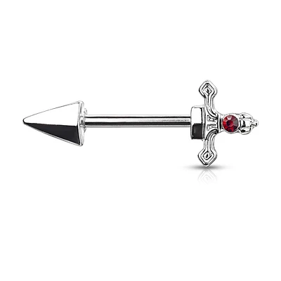 316L Surgical Steel Dark Red CZ Sword Dagger Nipple Ring Straight Barbell