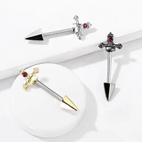 316L Surgical Steel Gold PVD Dark Red CZ Sword Dagger Nipple Ring Straight Barbell