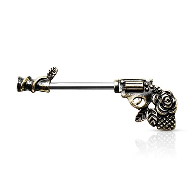 316L Surgical Steel Gold PVD Gun Pistol With Rose Handle Nipple Ring Straight Barbell
