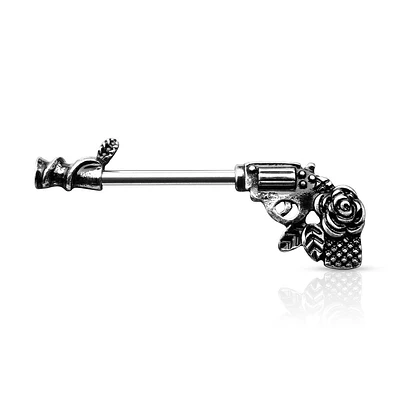 316L Surgical Steel Gun Pistol With Rose Handle Nipple Ring Straight Barbell