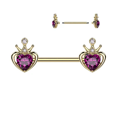 316L Surgical Steel Gold PVD Pink & White CZ Heart Crown Nipple Ring Straight Barbell