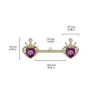 316L Surgical Steel Gold PVD Pink & White CZ Heart Crown Nipple Ring Straight Barbell