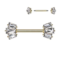 316L Surgical Steel Gold PVD White CZ Triple Baguette Cut Gem Nipple Ring Barbell