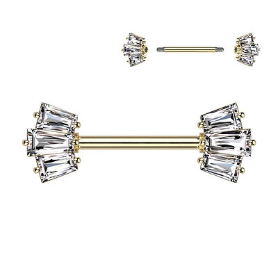 316L Surgical Steel Gold PVD White CZ Triple Baguette Cut Gem Nipple Ring Barbell