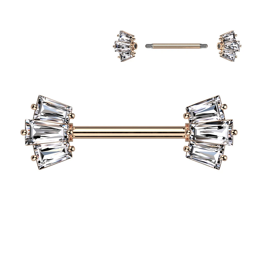 316L Surgical Steel Rose Gold PVD White CZ Triple Baguette Cut Gem Nipple Ring Barbell