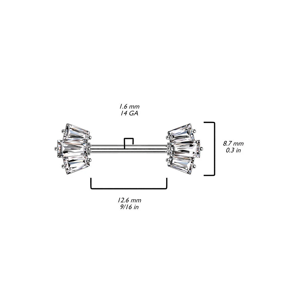 316L Surgical Steel White CZ Triple Baguette Cut Gem Nipple Ring Barbell