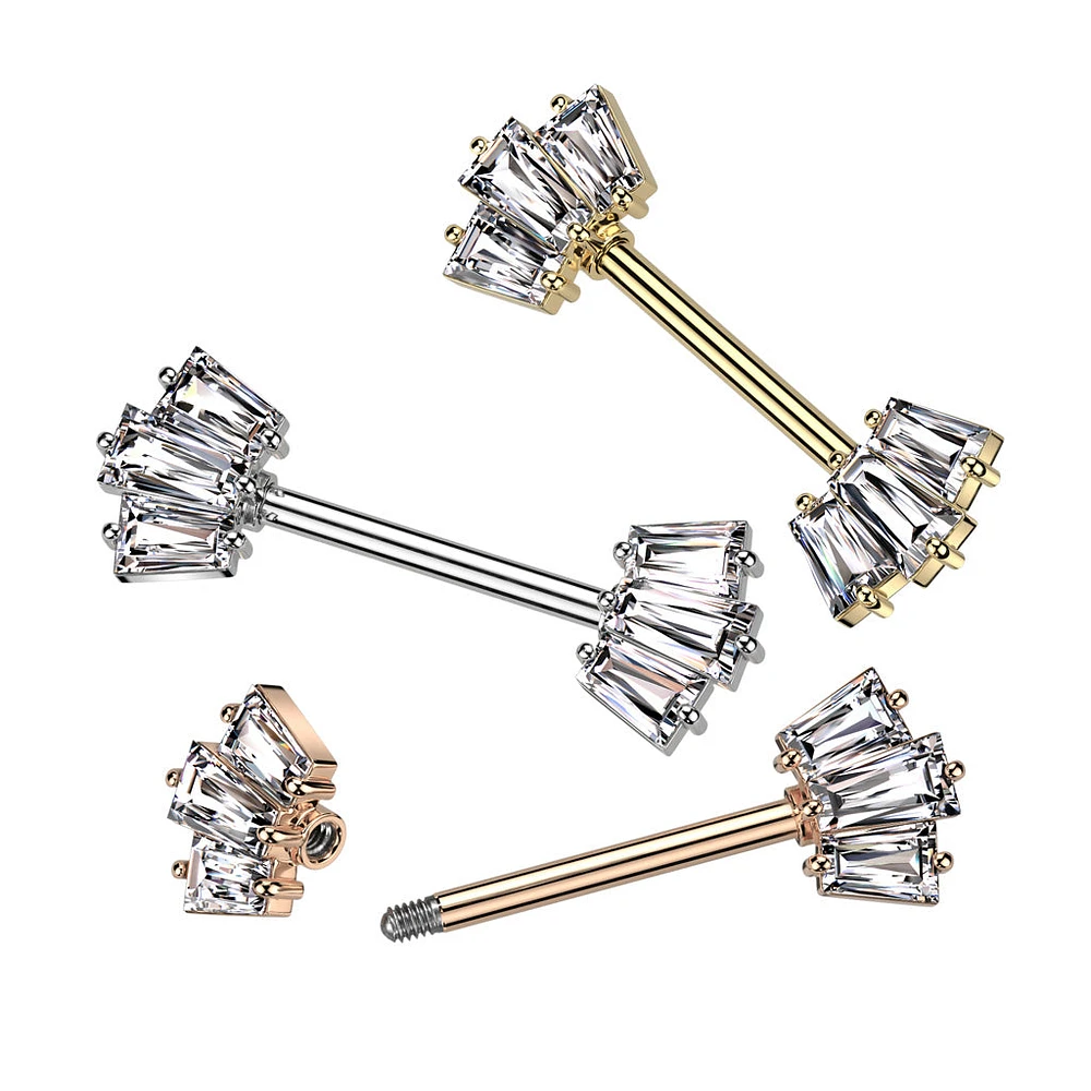 316L Surgical Steel White CZ Triple Baguette Cut Gem Nipple Ring Barbell