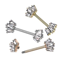 316L Surgical Steel Gold PVD White CZ Triple Baguette Cut Gem Nipple Ring Barbell