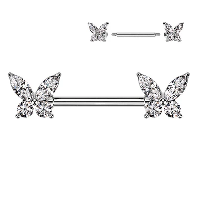 316L Surgical Steel White CZ Butterfly Nipple Ring Barbell