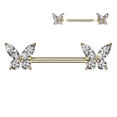 316L Surgical Steel Gold PVD White CZ Butterfly Nipple Ring Barbell