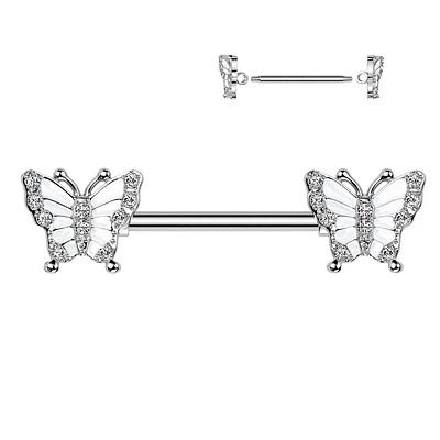 316L Surgical Steel White CZ Butterfly Nipple Ring Straight Barbell