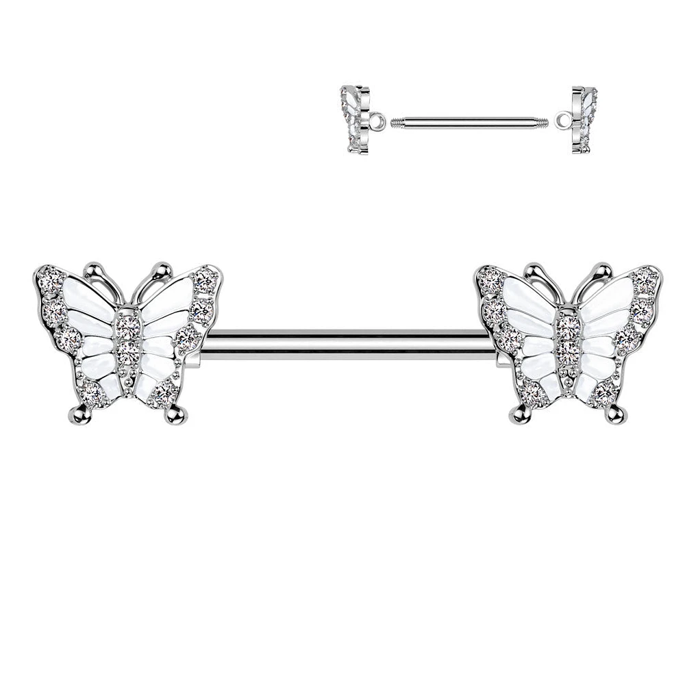 316L Surgical Steel White CZ Butterfly Nipple Ring Straight Barbell