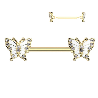 316L Surgical Steel Gold PVD White CZ Butterfly Nipple Ring Straight Barbell