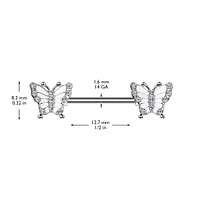 316L Surgical Steel White CZ Butterfly Nipple Ring Straight Barbell