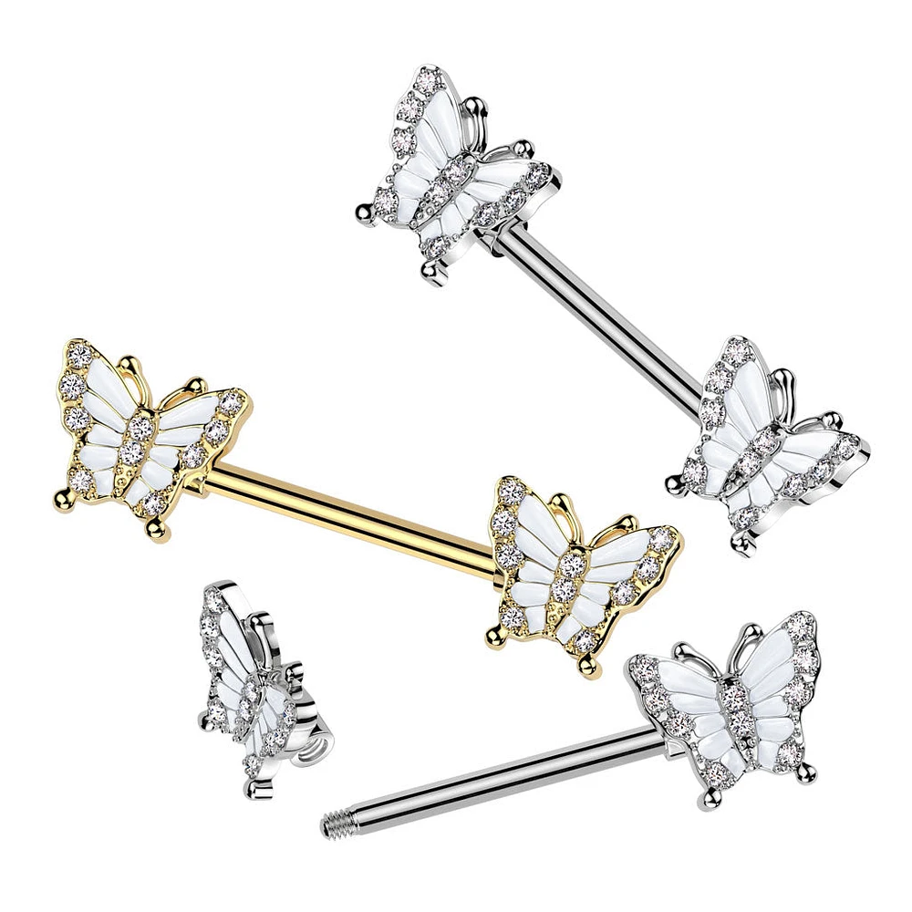 316L Surgical Steel White CZ Butterfly Nipple Ring Straight Barbell