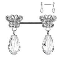 316L Surgical Steel Large White CZ Butterfly Clear Gem Dangle Nipple Ring Straight Barbell