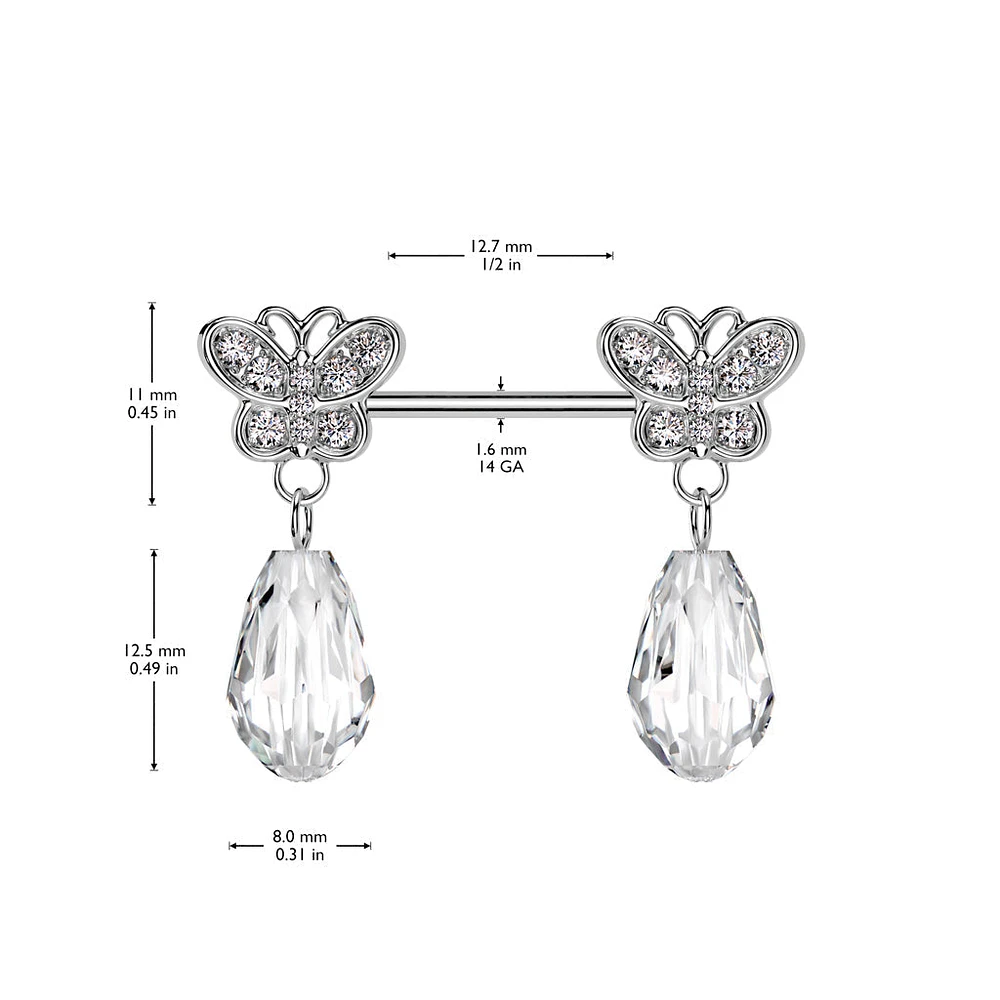 316L Surgical Steel Large White CZ Butterfly Clear Gem Dangle Nipple Ring Straight Barbell