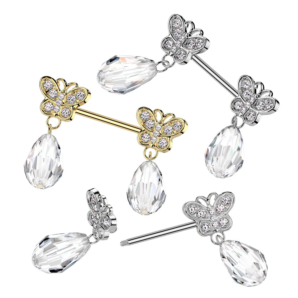 316L Surgical Steel Gold PVD Large White CZ Butterfly Clear Gem Dangle Nipple Ring Straight Barbell