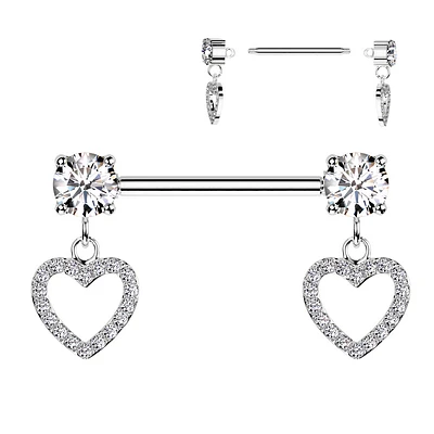 316L Surgical Steel White CZ Heart Outline Dangle Nipple Ring Straight Barbell