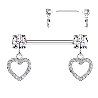 316L Surgical Steel White CZ Heart Outline Dangle Nipple Ring Straight Barbell