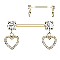 316L Surgical Steel Gold PVD White CZ Heart Outline Dangle Nipple Ring Straight Barbell