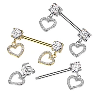 316L Surgical Steel White CZ Heart Outline Dangle Nipple Ring Straight Barbell