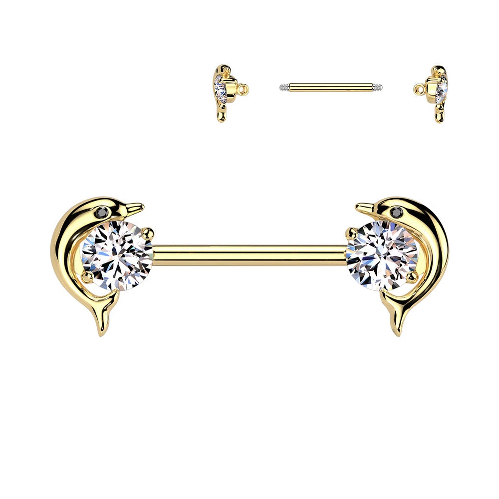 316L Surgical Steel Gold PVD White CZ Dolphin Nipple Ring Straight Barbell