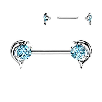 316L Surgical Steel Aqua CZ Dolphin Nipple Ring Straight Barbell